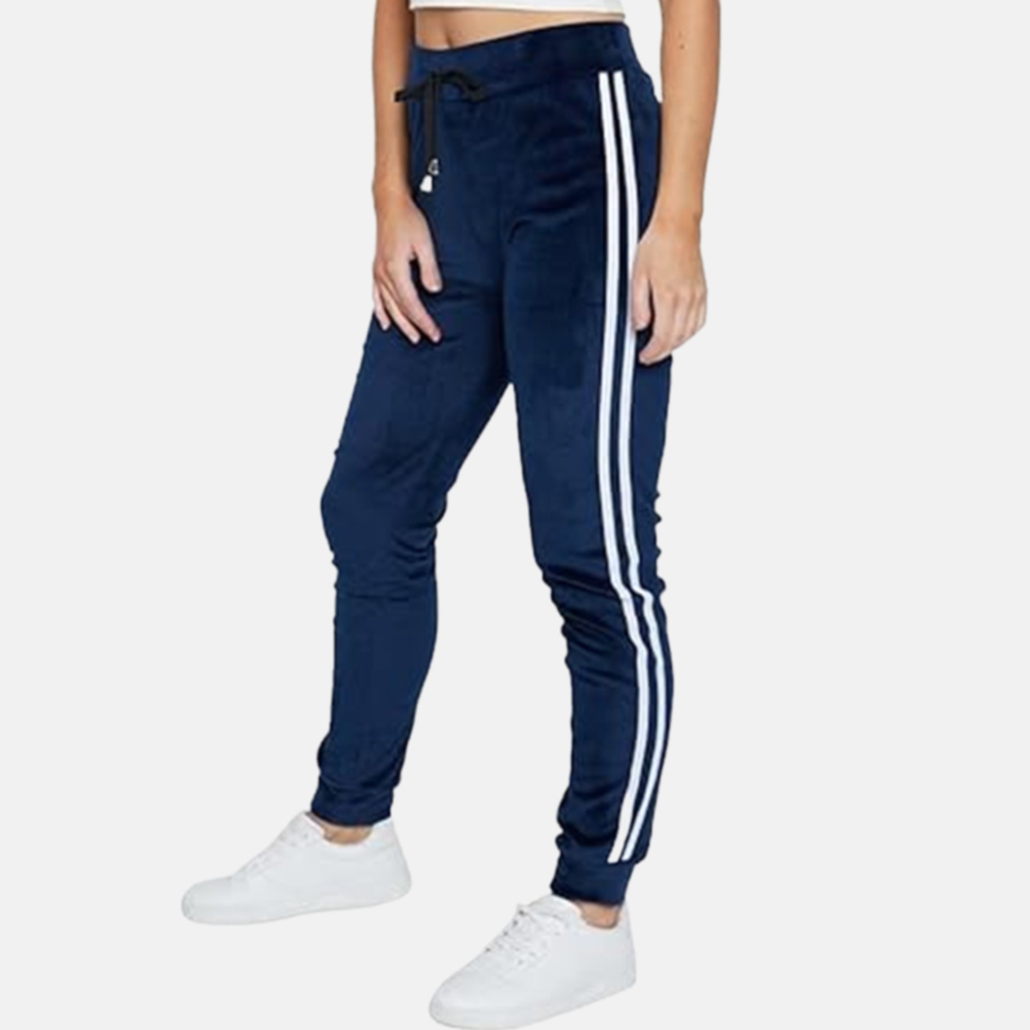 Ladies velour bottoms soft lounge joggers with side stripes in navy